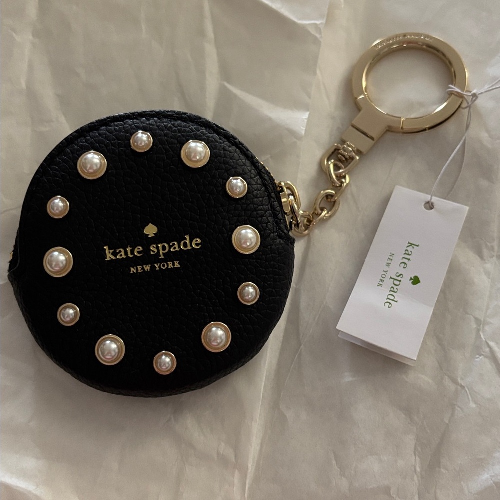 Kate Spade black leather coin purse keyfob pearl accent Bag charm novelty rare